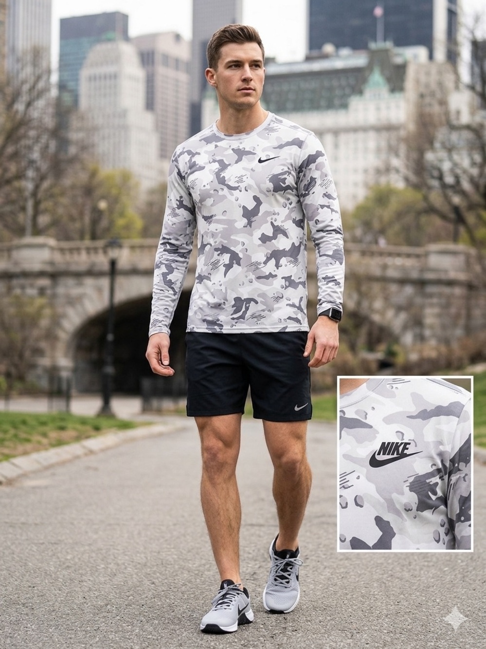 Nike White and Gray Camo Long Sleeve Performance Shirt